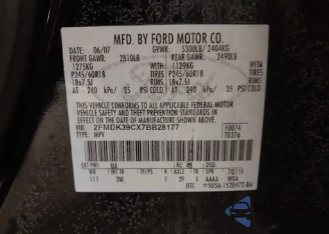 2007 Ford Edge Sel Plus z USA, uszkodzony, nr VIN 2FMDK39CX7BB28177